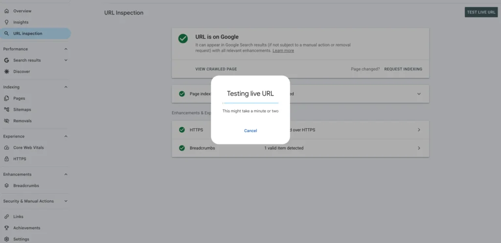 URL Inspection Tool in google search console with testing url live